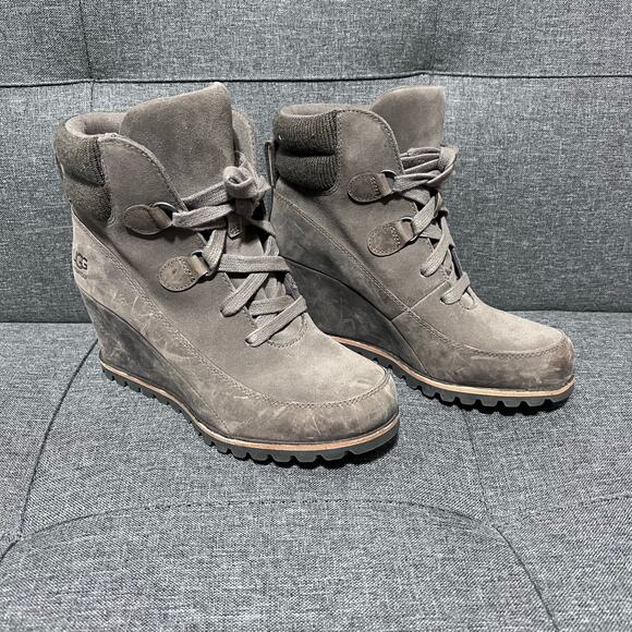 Ugg Wedge Boot Women 7 Mole Brown Kriston Nubuck Leather Waterproof - Picture 3 of 9